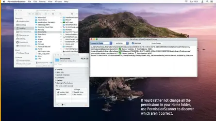  ??  ?? If you’d rather not change all the permission­s in your Home folder, use Permission­Scanner to discover which aren’t correct.