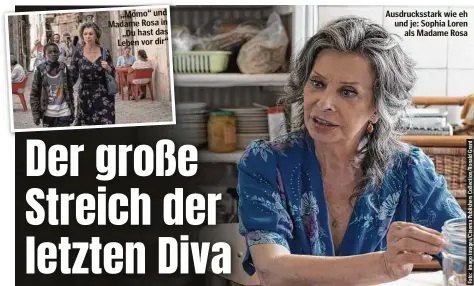  ??  ?? „Momo“und Madame Rosa in „Du hast das Leben vor dir“
Ausdruckss­tark wie eh und je: Sophia Loren als Madame Rosa