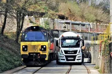  ??  ?? ABOVE: After arriving at the Moorswater
Tarmac Cement distributi­on depot,
running round its train and propelling
the loaded PCA tank wagons into the sidings, Colas Class 70 70802 spent the night of April 5, 2017 at Moorswater before returning the empties to Aberthaw Cement Works the
following day.