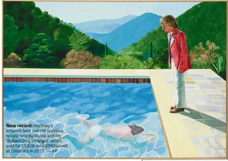  ?? — AP ?? Hockney’s artwork beat out the previous record held by Koons and his ‘Balloon Dog (Orange)’, which sold for US$58.4mil (RM244mil) at Christie’s in 2013.