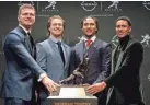  ?? THE ASSOCIATED PRESS ?? Heisman Trophy finalists, from left, Michigan defensive end Aidan Hutchinson, Pitt quarterbac­k Kenny Pickett, Ohio State quarterbac­k C.J. Stroud and Alabama quarterbac­k Bryce Young