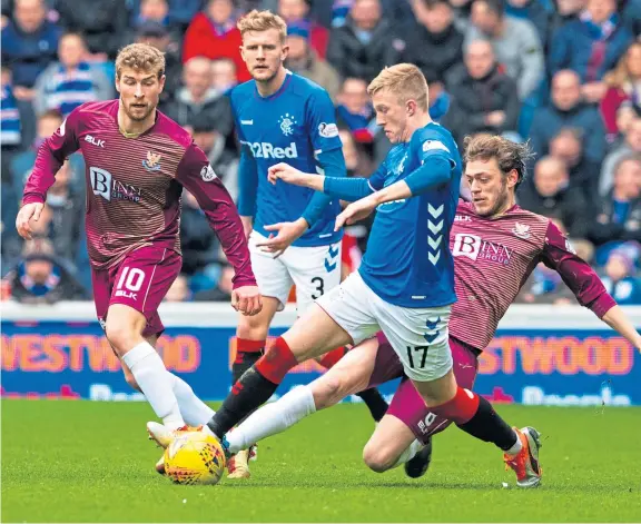  ?? Pictures: SNS Group. ?? Clockwise from above: St Johnstone’s Murray Davidson tackles Ross McCrorie of Rangers in the first half at Ibrox; Nicky Clark nets Dundee United’s winner from the penalty spot at Queen of the South; Dundee’s Scott Wright scores a late free-kick to take the points at Livingston; Andrew Nelson celebrates with James Horsfield after scoring Dundee’s equaliser.