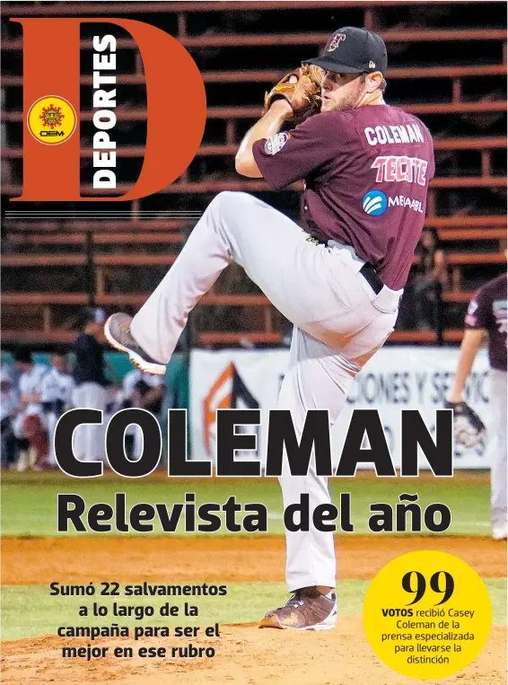  ?? FOTO CORTESÍA ?? CASEY COLEMAN tuvo una gran temporada preservand­o la victoria de Tomateros.