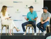  ?? WILFREDO LEE/AP ?? Tiger Woods and Rory McIlroy, right, talk to host Erin Andrews about the future home of their tech-infused golf league that will begin play next year.