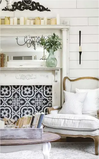  ?? ?? (above) You don’t have to stop at flooring for your patterns. Homeowner Jaclyn James created a patterned tile look inside a faux fireplace, which adds character to the space.