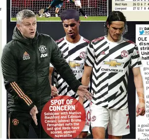  ??  ?? SPOT OF CONCERN
Solskjaer with Marcus Rashford and Edinson Cavani; (above) Bruno Fernandes nets the last goal Reds have scored, against Newcastle