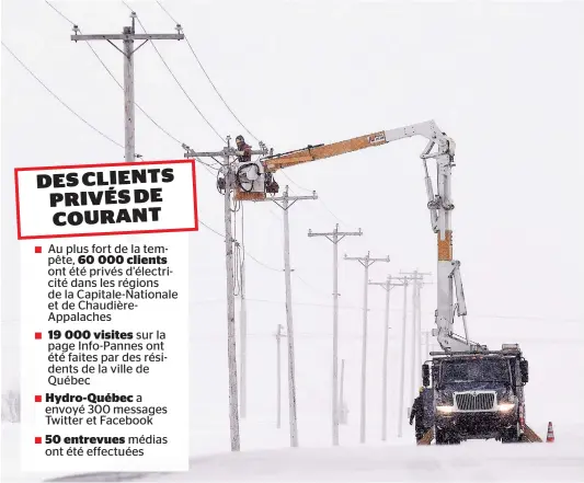  ??  ?? Les pannes de courant ont touché des milliers de résidents des régions de Québec et de Chaudière-appalaches. Sur la photo, une équipe d’hydro-québec à l’oeuvre à Montmagny, le 15 mars.