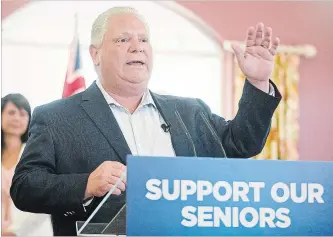  ?? BOB TYMCZYSZYN THE ST. CATHARINES STANDARD ?? PC Leader Doug Ford speaks to residents during a stop at Portal Village Retirement Home in Port Colborne.