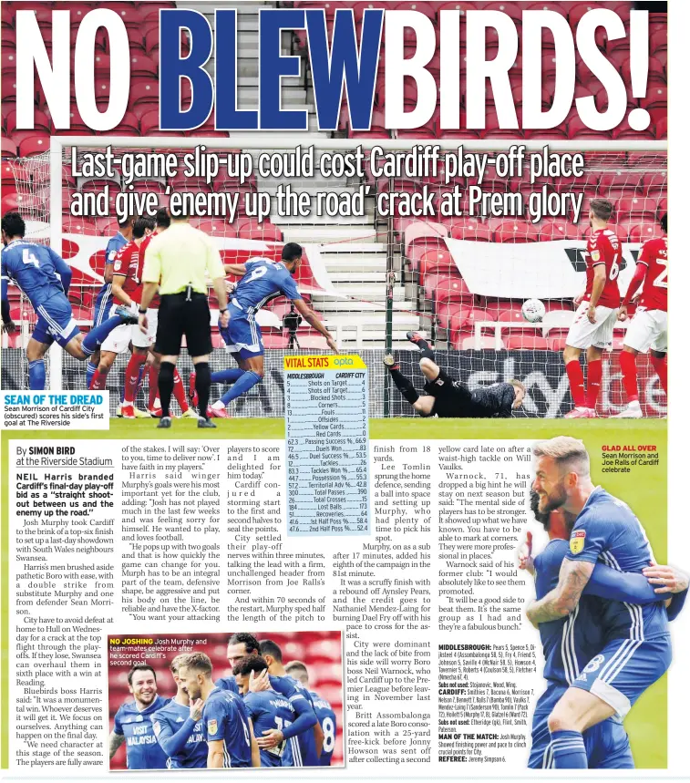  ??  ?? SEAN OF THE DREAD Sean Morrison of Cardiff City (obscured) scores his side’s first goal at The Riverside
NO JOSHING Josh Murphy and team-mates celebrate after he scored Cardiff’s second goal
GLAD ALL OVER Sean Morrison and Joe Ralls of Cardiff celebrate