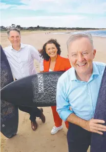  ?? ?? Labor’s Corio MP Richard Marles, Corangamit­e MP Libby Coker and Opposition Leader Anthony Albanese at Fisherman's beach in Torquay in March last year.