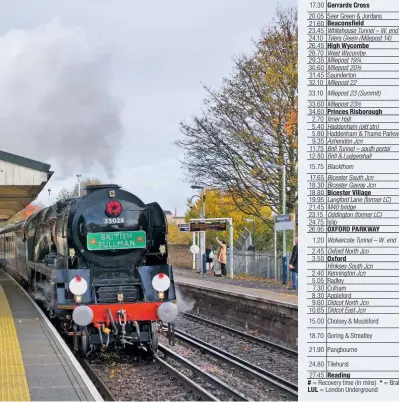  ?? PAUL BLOWFIELD ?? Adorned with a poppy wreath to mark the centenary of the Armistice, Clan Line forges through Wandsworth Town station with the Belmond ‘Surrey Hills Pullman’ on November 9.