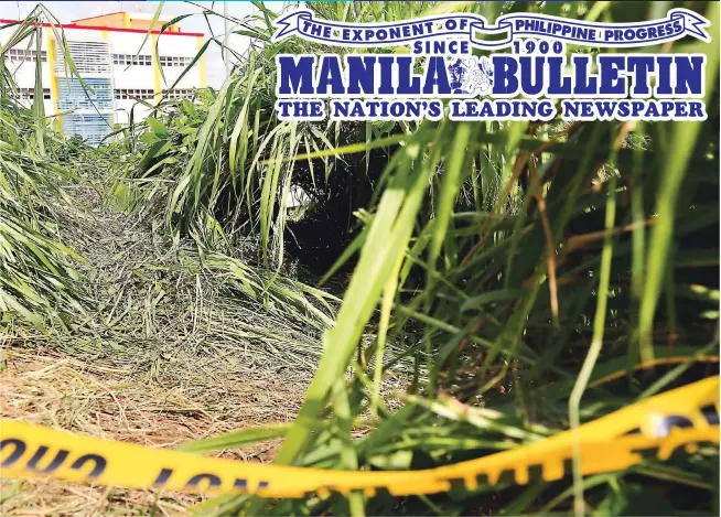  ??  ?? SNIPER’S VIEW – From a well-hidden position in a grassy mound, the gunman had an unobstruct­ed view of the Tanauan City Hall grounds where the flag ceremony was being held. (Czar Dancel)