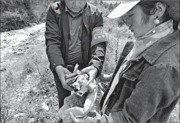  ?? NG HAN GUAN/AP ?? Trash collectors comb the hillsides in western China for waste as part of the “One Family, One Ranger” program.