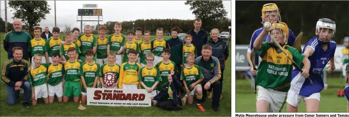  ??  ?? The double-winning HWH-Bunclody Under-13 squad. Mylie Moorehouse under pressure from Conor Somers and Tomás Foran of Oylegate-Glenbrien.