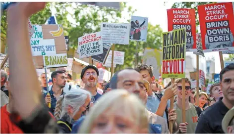  ?? FOTO:VUDI XHYMSHITI/AP ?? In London gehen Anti-Brexit-Demonstran­ten gegen Premiermin­ister Boris Johnson auf die Straße.