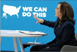  ?? ANDREW HARNIK — THE ASSOCIATED PRESS ?? Vice President Kamala Harris speaks during a virtual meeting with community leaders to discuss COVID-19public education efforts in the South Court Auditorium in the Eisenhower Executive Office Building on the White House Campus, Thursday, April 1, 2021, in Washington.