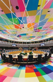  ?? — AFP ?? A general view shows the meeting hall of a European Summit at the Europa Building at the EU headquarte­rs in Brussels on Friday.