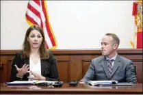  ?? MEGHAN MCCARTHY / DAILY NEWS ?? Attorneys Jennifer Lipinski of Gordon &amp; Doner and Brian Kent of Laffey, Bucci &amp; Kent discuss a suit filed Monday against Massage Envy in Palm Beach County Circuit Court.