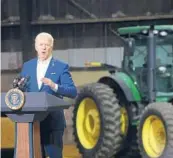  ?? SCOTT OLSON/GETTY ?? President Joe Biden speaks April 12 in Menlo, Iowa. Biden announced that he would ease restrictio­ns on ethanol use to help ease soaring gas prices.