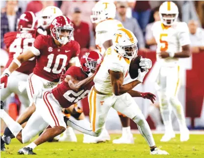  ?? TENNESSEE ATHLETICS PHOTO BY ANDREW FERGUSON ?? Tennessee redshirt junior receiver Cedric Tillman had seven receptions for a career-high 152 yards and a touchdown during Saturday night’s 52-24 loss at Alabama.