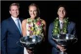  ??  ?? With 2014 WSL champions Stephanie Gilmore(center) and Gabriel Medina (right), 2015