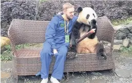  ??  ?? Special moment Jamie cuddles up to a panda in China