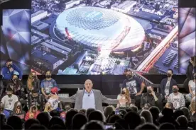  ?? AP photo ?? Clippers chairman Steve Ballmer speaks during a groundbrea­king ceremony of the Intuit Dome on Friday in Inglewood, Calif. The Clippers’ $1.8 billion, privately funded arena is set to open in 2024.