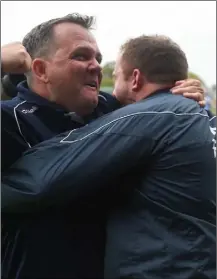  ??  ?? Wexford manager Davy Fitzgerald celebrates with selector Seoirse Bulfin after Sunday’s thrilling two-point victory.