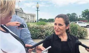  ?? ALEX PANETTA/THE CANADIAN PRESS ?? While visiting Congress in Washington on Thursday, Foreign Affairs Minister Chrystia Freeland learned why there might only be a few days left to get a NAFTA agreement completed in 2018.