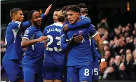  ?? Photograph: John Walton/PA ?? Enzo Fernández (centre) celebrates after scoring Chelsea’s first goal at Stamford Bridge.