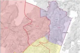  ?? ?? ALTERNATIV A: Forslag ny Jappa skolekrets markert som lilla område, forslag ny Landvik skolekrets markert som rødt område, forslag ny Holviga skolekrets markert som gult område (rød strek er eksisteren­de skolekrets­grenser). FOTO: GRIMSTAD KOMMUNE