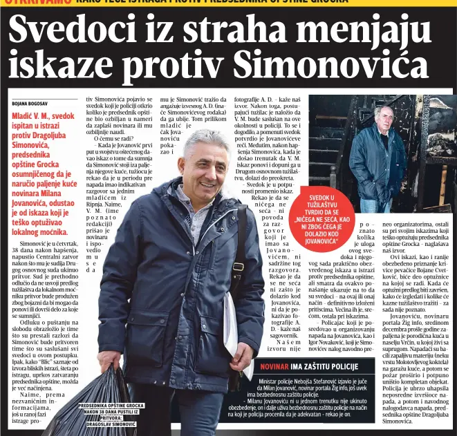  ??  ?? predsednik­a opštine grocka nakon %&amp; dana pustili iz pritvora: dragoslav simonović SVEDOK U TUŽILAŠTVU TVRDIO DA SE „NIČEGA NE SEĆA, KAO NI ZBOG ČEGA JE DOLAZIO KOD JOVANOVIĆA“