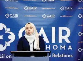  ?? [PHOTO BY CHRIS LANDSBERGE­R, THE OKLAHOMAN] ?? Jenan Ayesh addresses the media on Friday during a news conference at the Oklahoma City office of the Council on American-Islamic Relations-Oklahoma chapter.