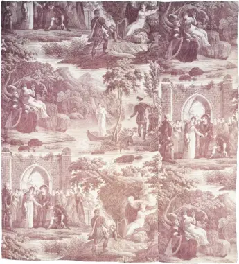  ??  ?? Right: Scenes from The Lady of the Lake decorate fabric designed by Favrepetit­pierre et Cie in about 1825 Below right: James Giles’s 1848 view of Old Balmoral, painted the year Victoria and Albert first stayed here as tenants and fell in love with Upper Deeside