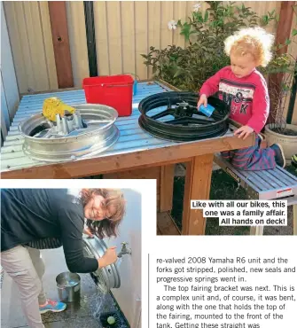  ??  ?? Even Heather got involved with prepping and painting the wheels. Like with all our bikes, this one was a family affair. All hands on deck!