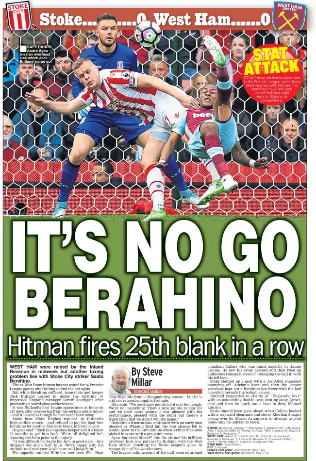  ??  ?? SAFE HANDS: Andre Ayew tries an overhead kick which Jack Butland keeps out WEST HAM were raided by the Inland Revenue in midweek but another taxing problem lies with Stoke City striker Saido Berahino.