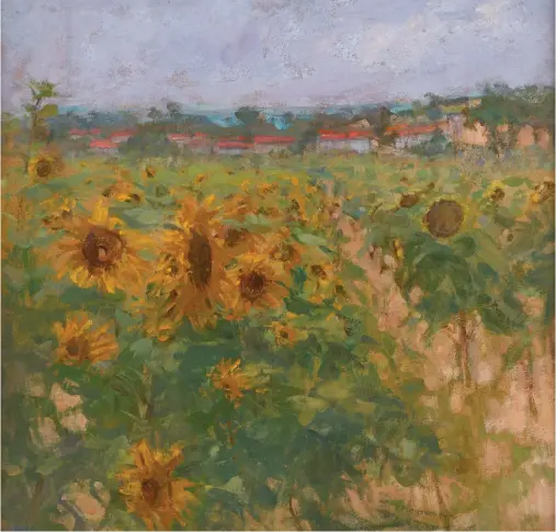  ??  ?? Diana Armfield RA A Field of Sunflowers, South of France, 2019, oil, 16¼315¾in (41340 cm). ‘They are all like people, whether still in bloom or spent.’