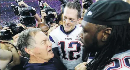  ?? — GETTY IMAGES ?? Head coach Bill Belichick celebrates with Tom Brady and LeGarrette Blount after their Super Bowl LI victory. The Patriots refused to lose, even when counted out.