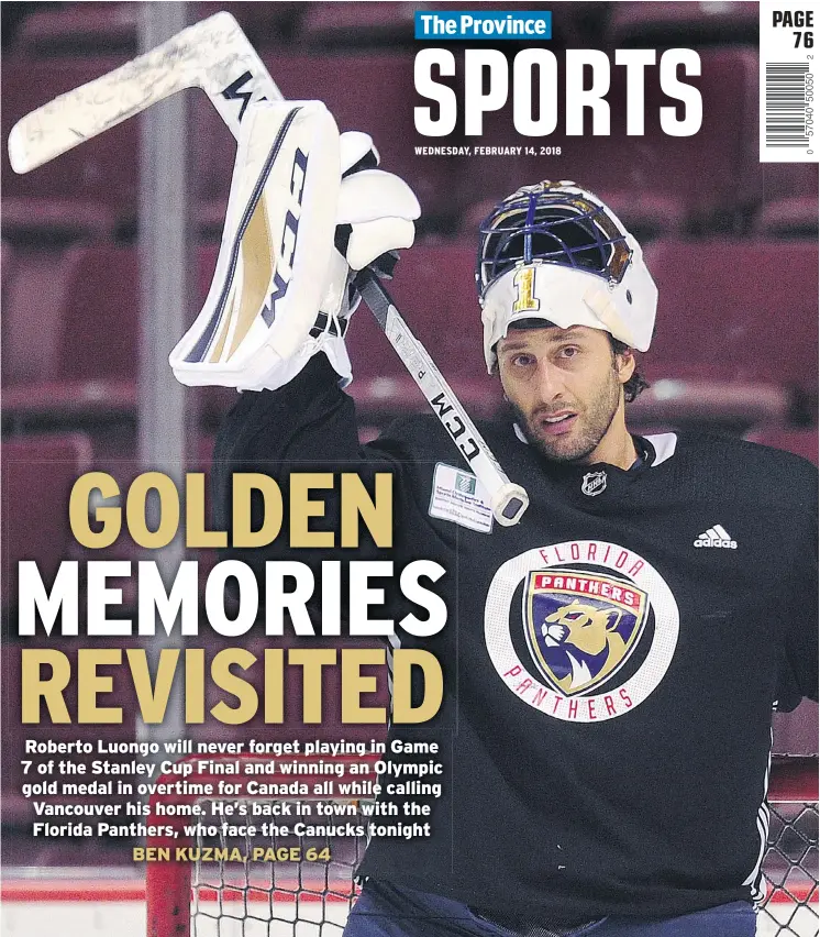  ?? NICK PROCAYLO/PNG ?? Former Canucks netminder Roberto Luongo, recovering from an injury, worked out with the Florida Panthers in Vancouver Tuesday.