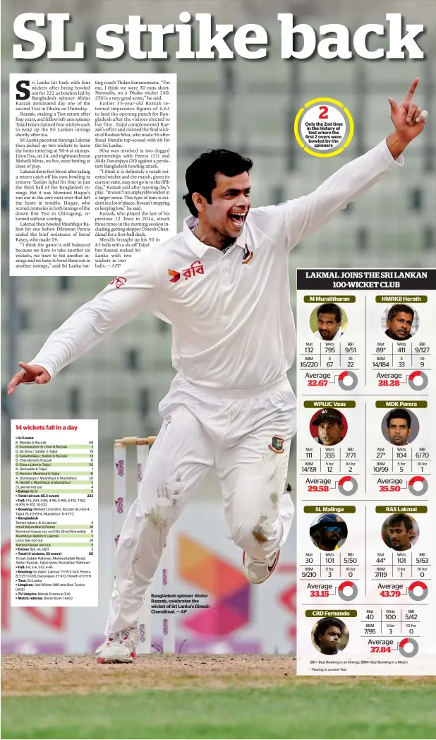  ?? AP ?? Bangladesh spinner Abdur Razzak, celebrates the wicket of Sri Lanka’s Dinesh Chandimal. — Only the 2nd time in the history of Test where the first 2 overs were bowled by the spinners