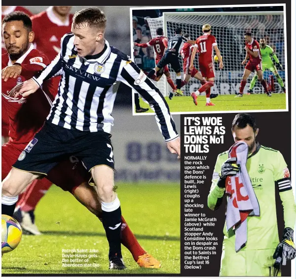  ??  ?? Patron Saint: Jake Doyle-Hayes gets the better of Aberdeen star Ojo