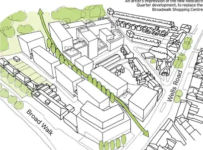  ?? ?? An artist’s impression of the new Redcatch Quarter developmen­t, to replace the Broadwalk Shopping Centre