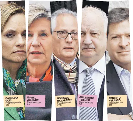  ??  ?? CAROLINA GOIC Presidenta de la DC ISABEL ALLENDE Presidenta del PS GONZALO NAVARRETE Presidente del PPD GUILLERMO TEILLIER Presidente del PC ERNESTO VELASCO Presidente del PR