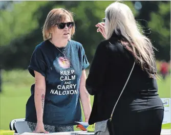  ?? PHOTOS BY BARRY GRAY THE HAMILTON SPECTATOR ?? Lisa Colbert, a peer support worker at Indwell, wears a fitting T-thirt at the awareness day event in Gage Park.
