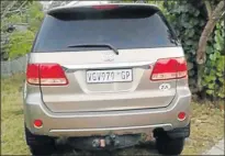  ?? Picture: SUPPLIED ?? CRIME: A gold Toyota Fortuner was recovered by the members of the police flying squad in Vincent, East London, last night after reports that the vehicle was involved in mall parking lot thefts