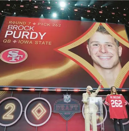  ?? DOUG BENC/AP ?? Brock Purdy gets picked as Mr. Irrelevant by the 49ers as the 262nd and last pick of the NFL Draft on April 30 in Las Vegas. With one more win for the 49ers, Purdy will be the first rookie QB to start in a Super Bowl.