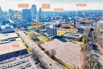  ?? Contribute­d photo ?? An aerial view of the Hartford campus of Rensselaer Polytechni­c Institute. School officials announced Wednesday that they are looking to sell the 12.96-acre property located next to Dunkin’ Park, home of the Hartford Yard Goats.