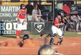  ?? TIM GODBEE / For the Calhoun Times ?? Calhoun’s Anna Taylor (center) slides in for a run in the first inning of Thursday’s game as Sonoravill­e catcher Sandra Beth Pritchett receives the throw.