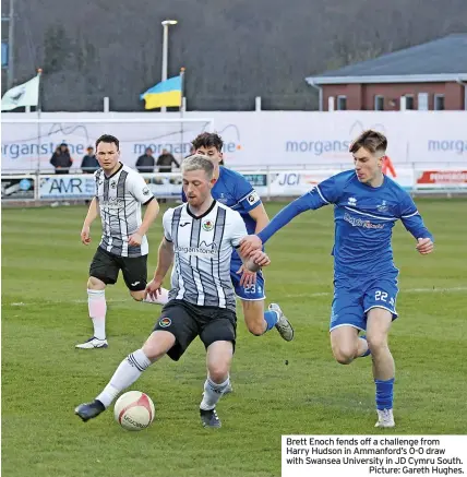  ?? ?? Brett Enoch fends off a challenge from Harry Hudson in Ammanford’s 0-0 draw with Swansea University in JD Cymru South.
Picture: Gareth Hughes.