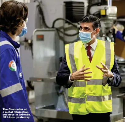  ?? Picture: SIMON WALKER/HM TREASURY ?? The Chancellor at a metal fabricatio­n business in Grimsby, NE Lincs, yesterday